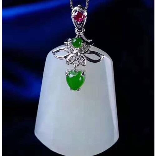 Natural Hetian jade white jade womens Pendant inlaid with safe and sound brand