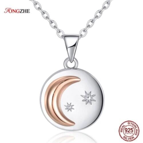 TONGZHE Genuine 925 Sterling Silver Moon & Star Gold Color Round Pendant Necklaces for Women Wedding Jewelry Gift KLTN077-1