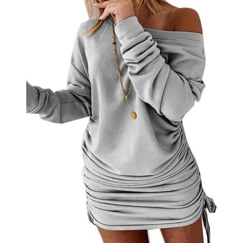Autumn Winter Women Long Sleeve One Shoulder Drawstring Bodycon Sweater Dress