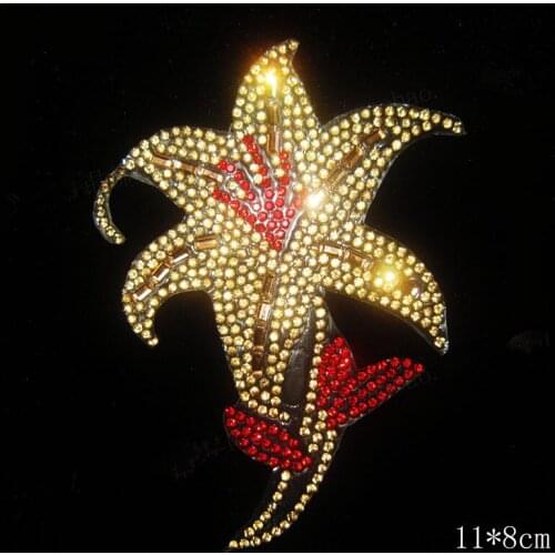 Golden flower pointback rhinestones motif designs iron on transfer hot fix rhinestone motif iron on