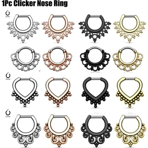 1Piece Titanium Tribal Hinged Nose Septum Clicker Ring Nipple Ear Piercing Cuff Ring CZ Crystal Cartilage Guage Earring Jewelry