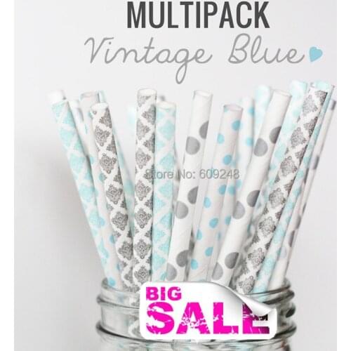 100pcs Mixed Colors VINTAGE BLUE Paper Straws,Silver and Light Blue Damask,Polka Dot,Elegant Baby Shower,Birthday Party,Wedding