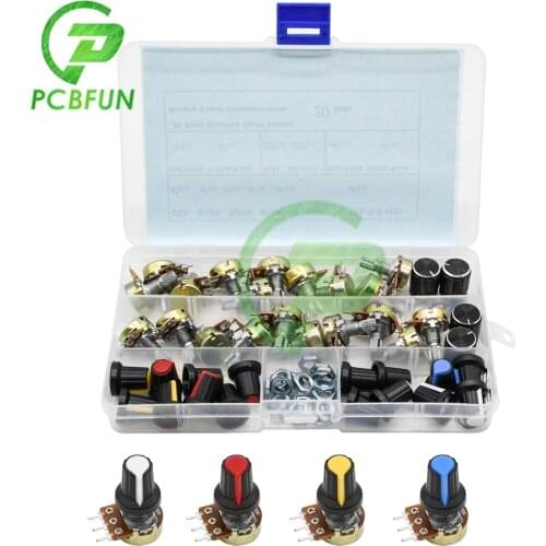 20PCS /Box WH148 148 Single Potentiometer Kit B5K 10K 20K 50K 100K Knurled Shaft Linear Rotary Taper Potentiometer with 20 Knobs
