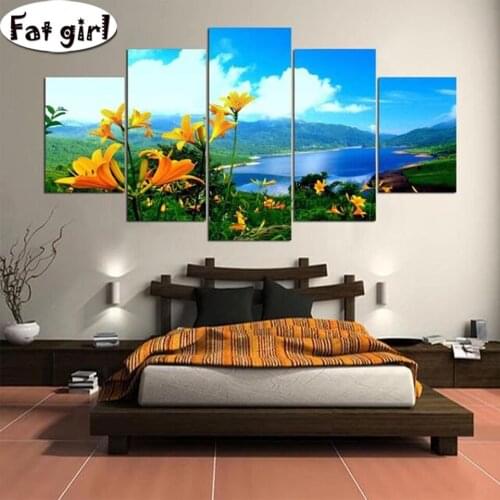 Diamond Painting cross stitch Embroidery 5D diy 5 panel yellow flowers picture mosaic full square round drill Modern decoration