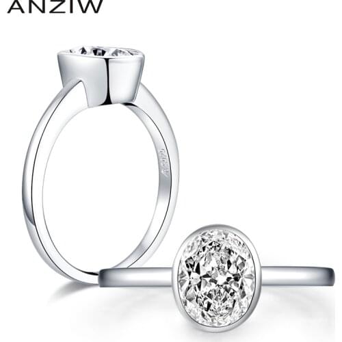 ANZIW 925 Sterling Silver 1.25 CT Oval Cut Bezel Solitaire Rings Engagement Simulated Diamond Wedding Silver Rings Jewelry