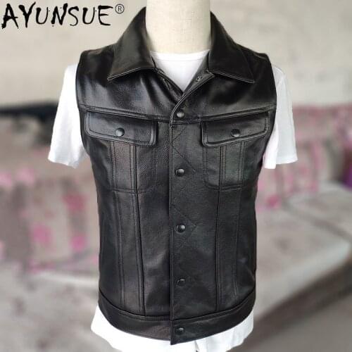 AYUNSUE Men Jacket 100% Cow Leather Vest Mens Clothing Motorcycle Autumn Clothes Bomber Jackets 5XL Short Vests Ropa LXR350