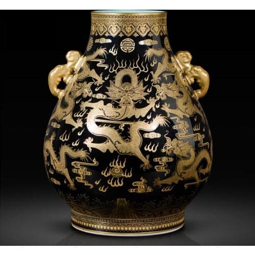Jingdezhen Ceramics vase Imitation Gold Glaze Golden Dragon Two Ears Big Vase Chinese Household Decorations porcelain vase