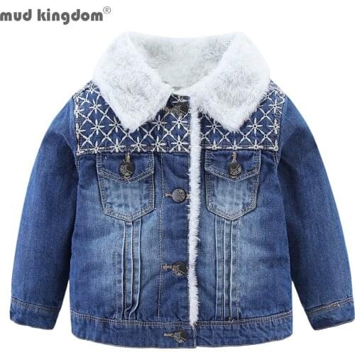 Mudkingdom Winter Kids Denim Jeans Jackets Thick Coat for Boys Girls Fur Lined Outwear Fashion Baby Denim Jackets