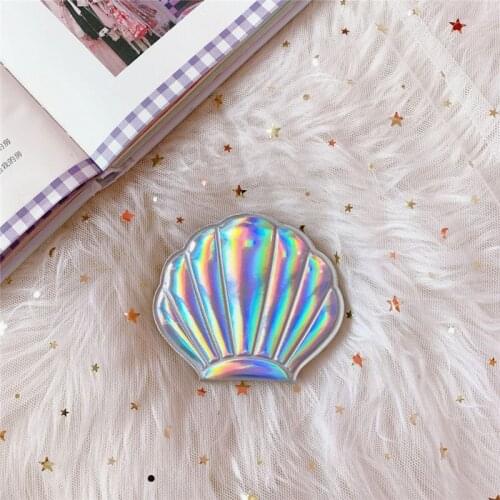 Creative Sea Shell Shaped Holographic Rainbow Colored Magnifying Compact Cosmetic Double Sided Folding Pocket Mirror Portable