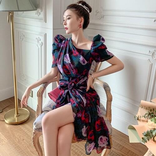 Fashion Korean Vintage Diagonal Collar Puff Sleeve Mini Party Dress Ladies Elegant Streetwear Casual Floral Beach Short Dress