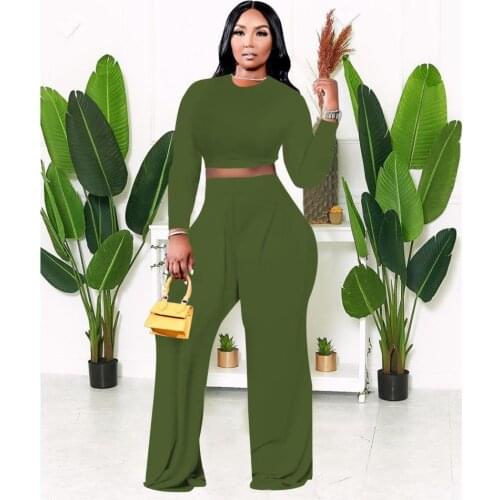 2021 Autumn Womens Solid Casual Two Piece Sets Long Sleeve T Shirt Crop Top Bucket Pants Wide Leg Trousers Long Palazzo Pants