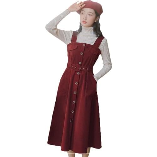 Autumn Winter Knitted Sweater Dress Suit Women 2021 New Corduroy Suspender Dress Two-piece Sets 152b