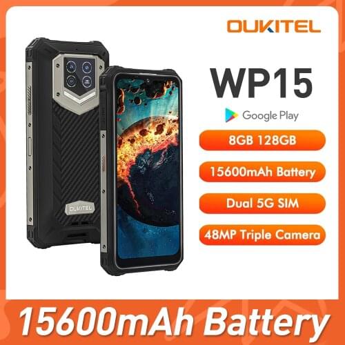 OUKITEL WP15 Waterproof Smartphone15600mAh 8GB+128GB 6.5" Android 11 48MP Triple Camera Mobile Phone NFC Octa Core Cell Phone