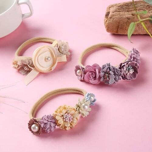 Baby Floral Kids Lace Headband Newborn Lovely Princess Baby Headband Kawaii Accessories Pink Flower Pearl Nylon Stretch Headband