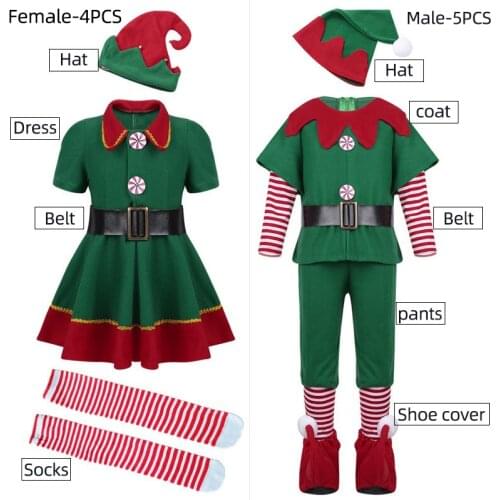 Men Women Girls Boys Christmas Santa Claus Costume Green Elf Cosplay Family Christmas Party New Year Fancy Dress Clothes Set For