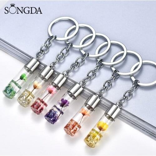 SONGDA Cute Flower Wish Bottle Glass Keychain Best Friends Gift Colorful Drift Bottle Key Ring Chain For Women Wholesale Jewelry