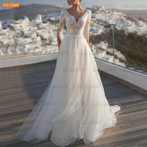 Bohemian Wedding Gowns White 2021 Vestido De Noiva Backless 3/4 Sleeves Custom Made Suknia Slubna Tulle A Line Bridal Dresses