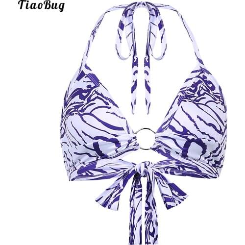 TiaoBug Summer Women V Neck Halter Tie Back Triangle Bikini Ring Metal Linked Bra Bikini Top Beach Swimwear