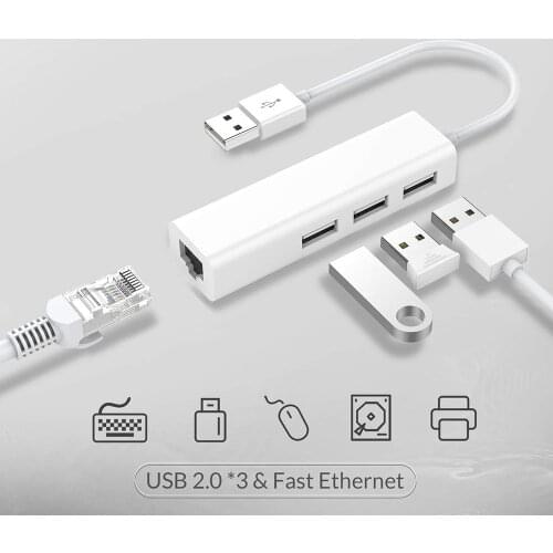 USB Ethernet with 3 Port USB HUB 2.0 RJ45 Lan Network Card USB to Ethernet Adapter for Mac iOS Android PC RTL8152 USB 2.0 HUB