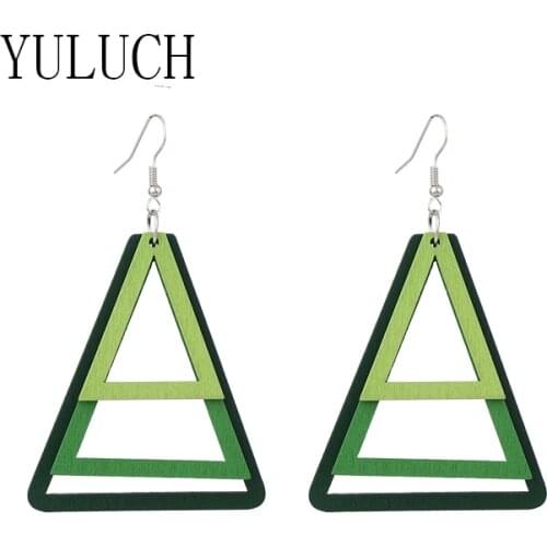 YULUCH Womens Geometric Multicolor Wood Pendant Earrings Girls Art Jewelry 3 Layer Hollow Accessories wooden earring