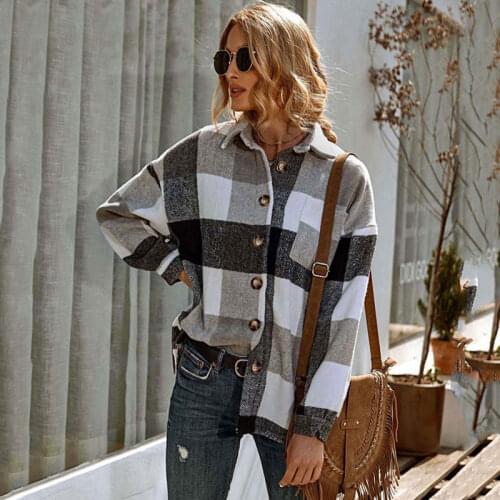 2021 Autumn Plaid Jacket Women Winter Long Checkered Jacket Ladies Loose Shirt Jacket Plus Suze Overshirt Coat Women 2XL 3XL