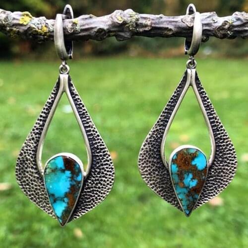 Womens Retro Teardrop Turquoises Earrings Vintage Hollow Out Hoop Unique Bohemia Tribal Dangle Hoop Earring Gift Party Wedding