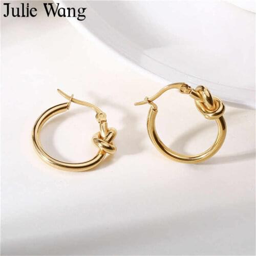 Julie Wang Women Stainless Steel Circle Knot Shape Earrings Gold Silver Color Hoop Steampunk Ear Clip Party Girl Jewelry