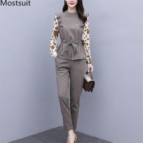 2020 Autumn Office Elegant Two Piece Sets Women Fake Two Piece Tops Tunics + Ankle-length Pants Suits Fashion Ladies Women Sets