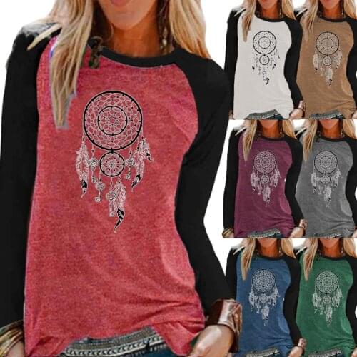 Autumn and Winter Women Raglan Long Sleeve Round Neck Pullover Loose Casual T-shirt Fashion Printing Tops-tees