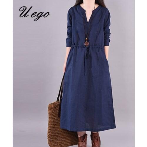 Uego Long Sleeve Autumn Dress V-neck Solid Color Women Dress Cotton Linen Vintage Dress Plus Size Women Spring Casual Midi Dress