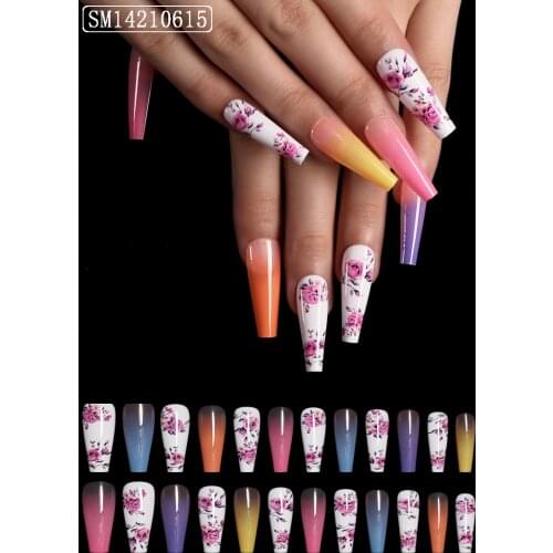 24 Pcs 3D White Rose Nail Art Decoration Gradient Ballet Coffin Fake Nails Full Covered Press On False Nails Manicure Tools