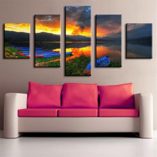 5 Panel Boats On The Lake Modern Picture Print Wall Art Canvas Painting Home Living Room Decoration