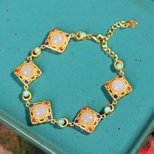 Ancient Gold S925 Sterling Silver Multi-Treasure Bracelet Inlaid Natural Hetian Jade White Jade Turquoise Bracelet Palace Ornam