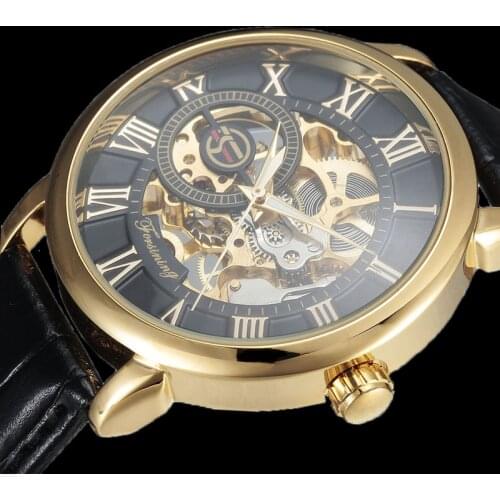 Forsining Transparent Case Fashion Roman Numerial Analog Display Skeleton Hollow Engraving Gold Bezel Mechanical Watches Winner