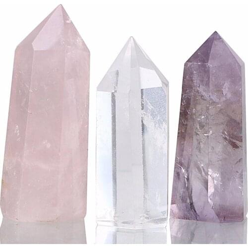 Set of 3 2'' Amethyst Crystal, Clear Quartz Crystal Wand & Rose Quartz Crystal Points | 6 Faceted Reiki Chakra Meditation Thera