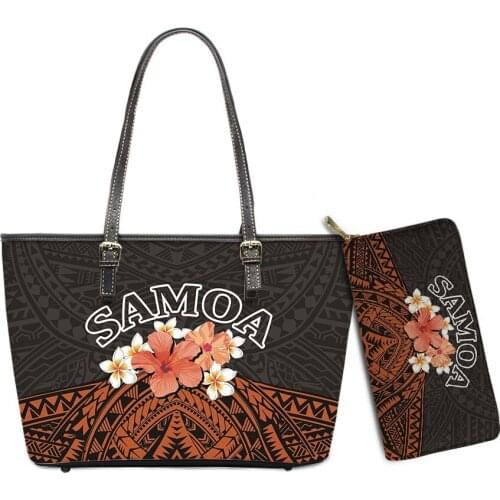 Leather Handbags Set For Women Polynesian Hawaii Kanaka Maoli Flower Printed Shoulder Bag High Capacity Tote Messenger Bag Bolso