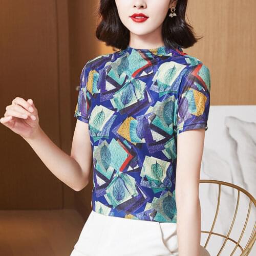 Printed net yarn new bottoming shirt 2021 top womens trendy summer temperament foreign style small shirt