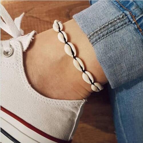 Seashell Anklet natural alloy material bead accessory with Beige and black string rope Anklet adjust size