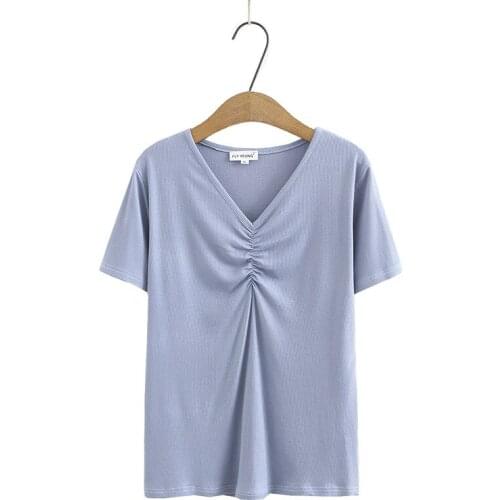 Plus Size XL-4XL Womens Stretchable Summer Tshirts V-neck Solid Simple Tops