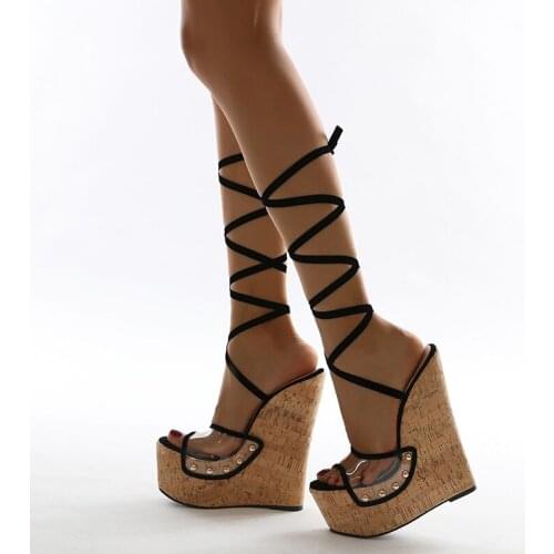 Wedge Sandals Roman High Heels Shoes 2021 Summer Womens Sandals Sexy Transparent Film Rivets Cross Straps Platform