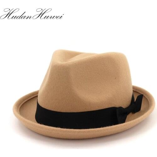 Wool Felt Pork Pie Hat with High Fashion Design UV Protection Adults In Formal Hats Women Roll Up Brim Bow-knot Jazz Trilby Cap