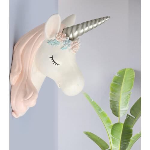 Resin Craft 3D Animal Head Wall Mount Baby Nursery Kawaii Unicorn Wall Hanging Toys Kids Room Animal Wall Sculptures