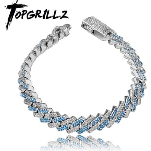 TOPGRILLZ 10 MM Two-Tone Prong Link Bracelet in Blue/White Gold Micro Pave Iced Out Cubic Zirconia Hip Hop Personalized Jewelry