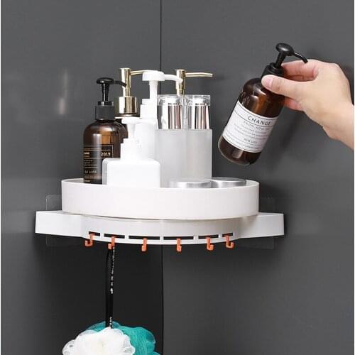 Wall-Mounted Corner Storage Shelf 360 Degrees Rotatable Bathroom Organizer With Hook For Kitchen Household Bathroom Accessories