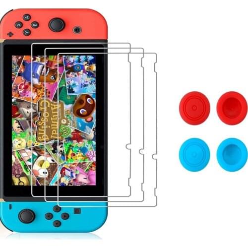 [3 Pack] Screen Protector HD Premium Tempered Glass Film for Nintendo Switch NS Switch Console Anti-Scratch W/ Thumb Grips Caps