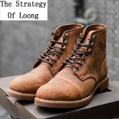 Men New Retro Spring Autumn Manual Cow Leather Ankle Riding Equestrian Round Toe Lace-up Sewing Low Atmosphere Boots 20180902