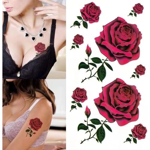 Waterproof Temporary Tattoo Sticker Rose Flowers Leave Flash Tattoos Body Art Arm Fake Sleeve Tatoo Women Girls Wrist