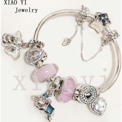 XIAOYI 2020 new 100% s925 Flying elephant water drop PINK glass love wheat ear safety chain temperament gentle Bracelet female