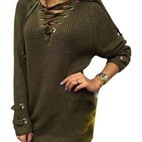 Women Long Sleeve Lace-up Knitted Sweater Dress Sexy V Neck Slim Fit Mid-Length Jumper Pullover Autumn Winter Female Casual Stre