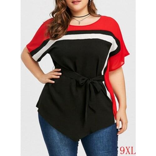 Large size summer T-shirt 6XL-9XL bust 142CM fashion womens round neck stitching contrast color bat sleeve lace-up T-shirt